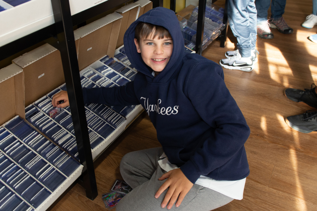 The dollar bin shelves are a big hit at Goatz Sportz Cardz